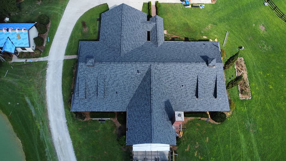 Aerial view of a completed residential roof in the Triangle area
